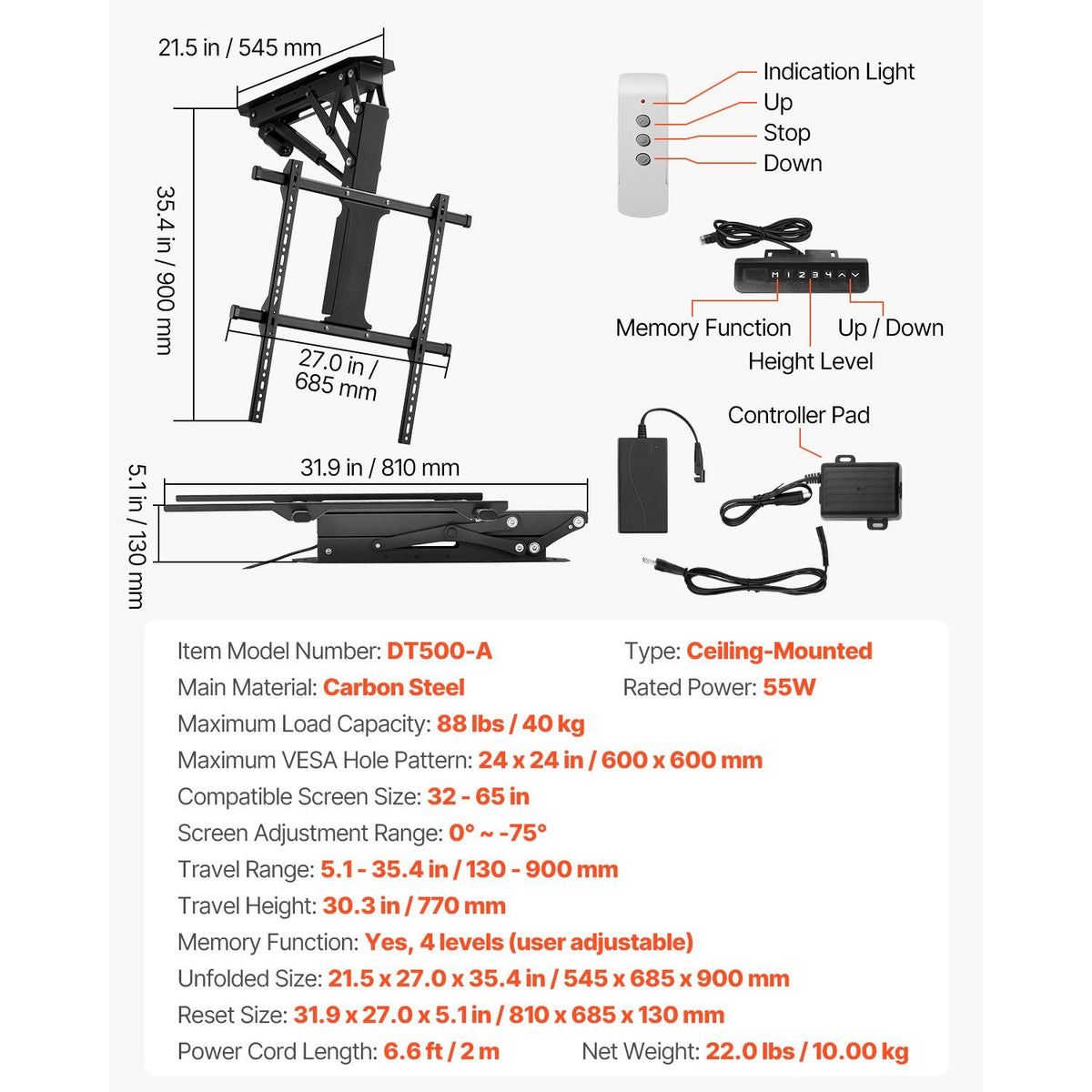 Motorized Ceiling TV Mount, TV Wall Mount for 32 to 65 Inch TV, Electric Adjustable Ceiling TV Mount, Motorized Flip Down TV Mount Bracket with Max VESA 24 x 24 in, Fits TVs Up to 88 lbs