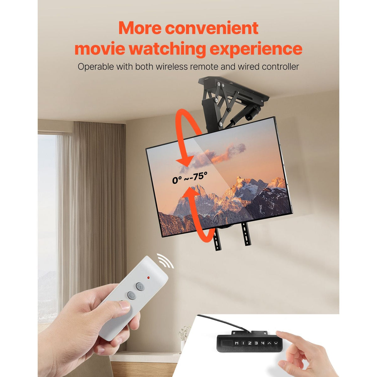 Motorized Ceiling TV Mount, TV Wall Mount for 32 to 65 Inch TV, Electric Adjustable Ceiling TV Mount, Motorized Flip Down TV Mount Bracket with Max VESA 24 x 24 in, Fits TVs Up to 88 lbs