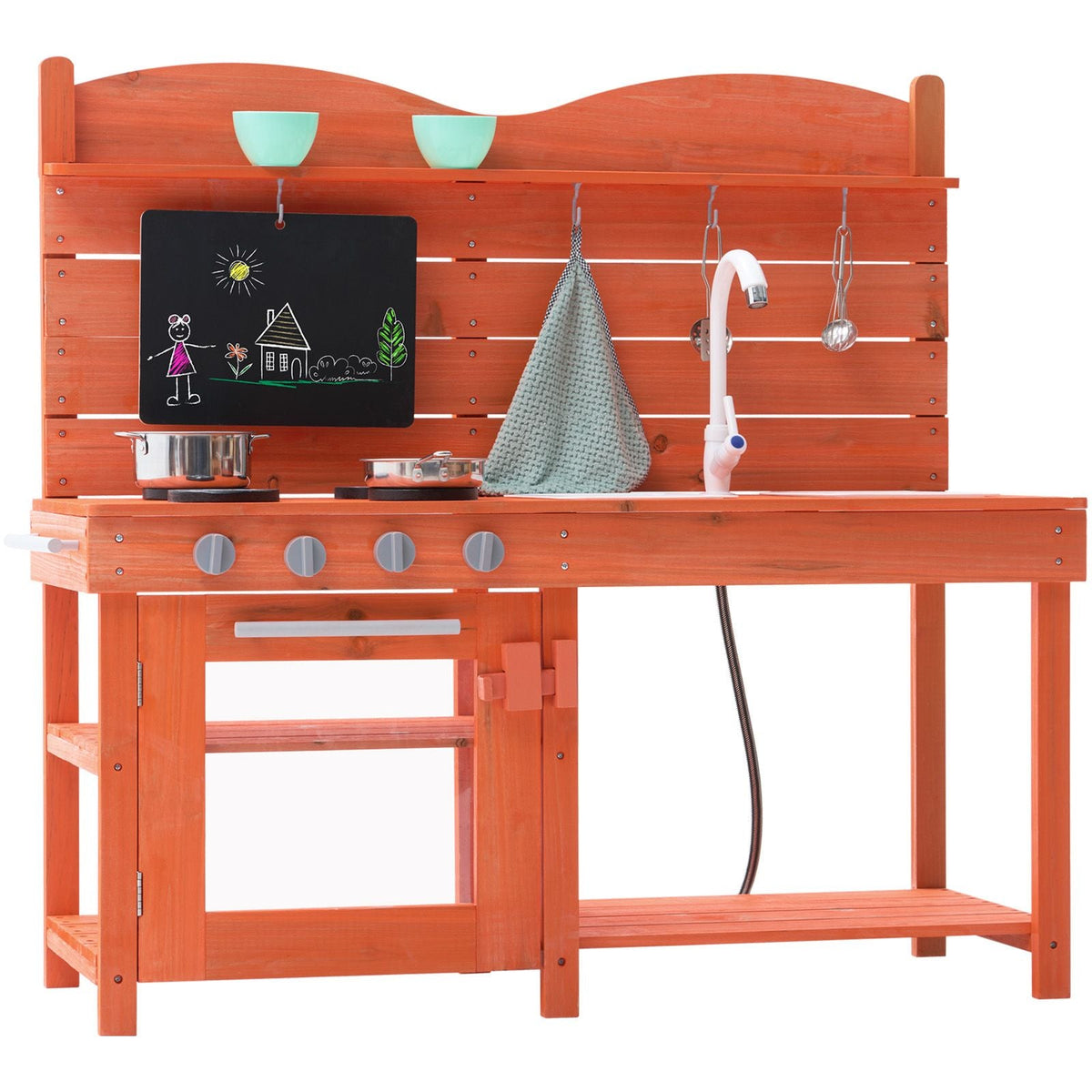 Mud Kitchen for Kids, Wooden Toy Play Kitchen Set, Outdoor Toddler Grocery Store Playset for Boys & Girls, Pretend Play Kitchen with Stoves, Sink, Faucet, Blackboard, Cookware Pots, Accessories