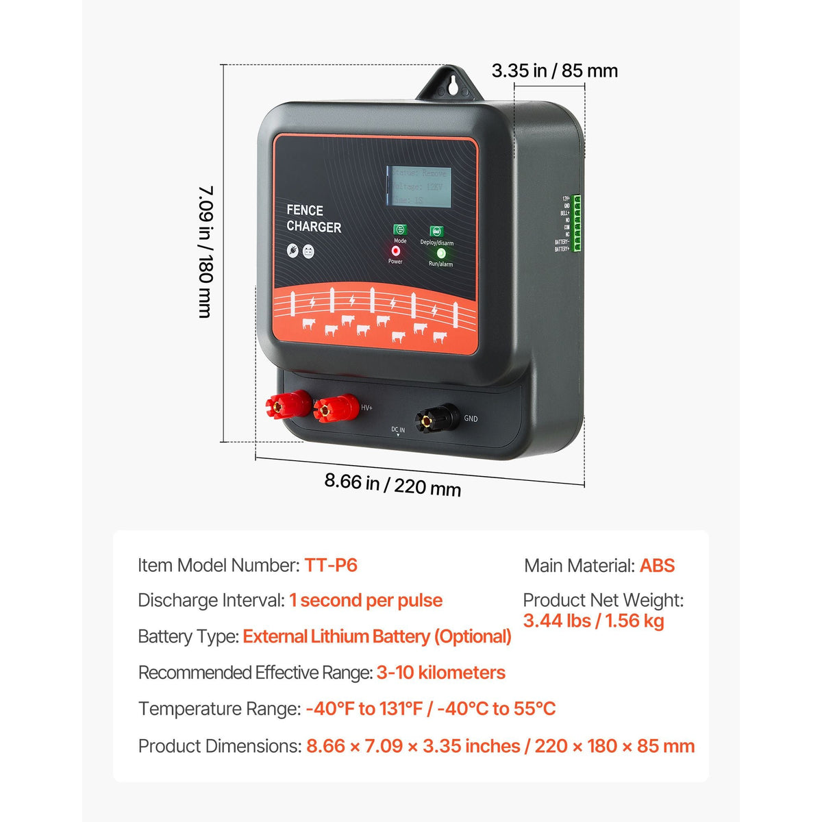 Multi-Powered Electric Fence Charger, 2J/3J/5J, Electric Fence Energizer with Real-Time LED Display, 6.2 Miles Range, AC DC Powerful Fences Charger, Keep Out Wild Animals, for Livestock Poultry