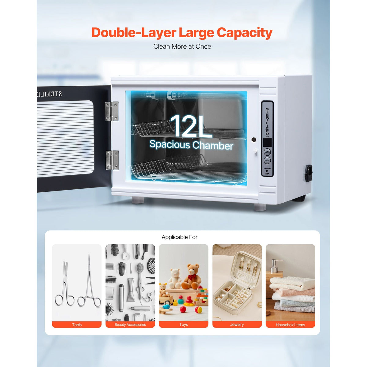 Nail Tool Cleaning Machine, 12L Large Capacity, Tool Cabinet Cleaner Box with Timer Setting, Tempered Glass Door, 185nm Wavelength, for Labs, Home, Nail Salons, Hair Studios, Beauty Salons