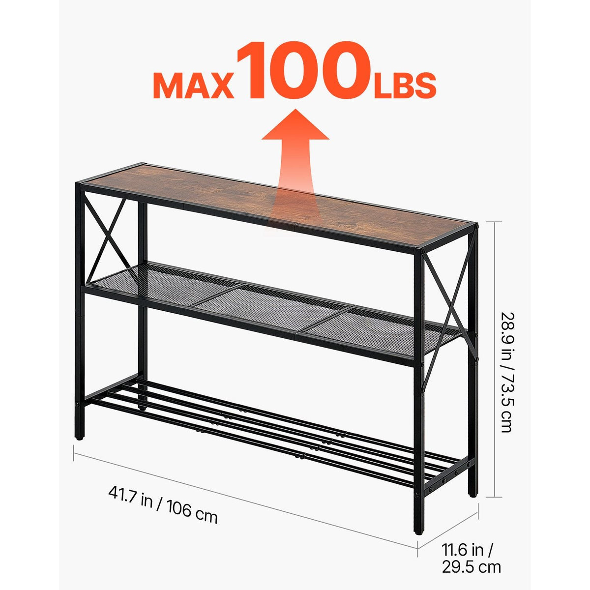 Narrow Console Sofa Table, 41.7 inches Behind Couch Table, 3-Tier Long Entryway Table and Skinny Hallway Table, Narrow Sofa Table with Metal Frame, for Entryway, Hallway, Living Room & Bedroom