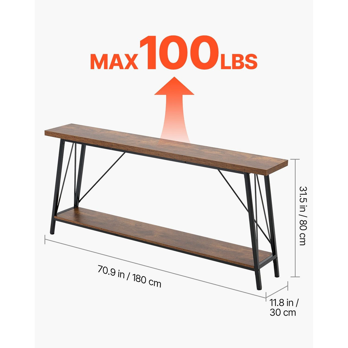 Narrow Console Sofa Table, 70.9 inches Behind Couch Table, 2-Tier Long Entryway Table and Skinny Hallway Table, Narrow Sofa Table with Metal Frame, for Entryway, Hallway, Living Room & Bedroom
