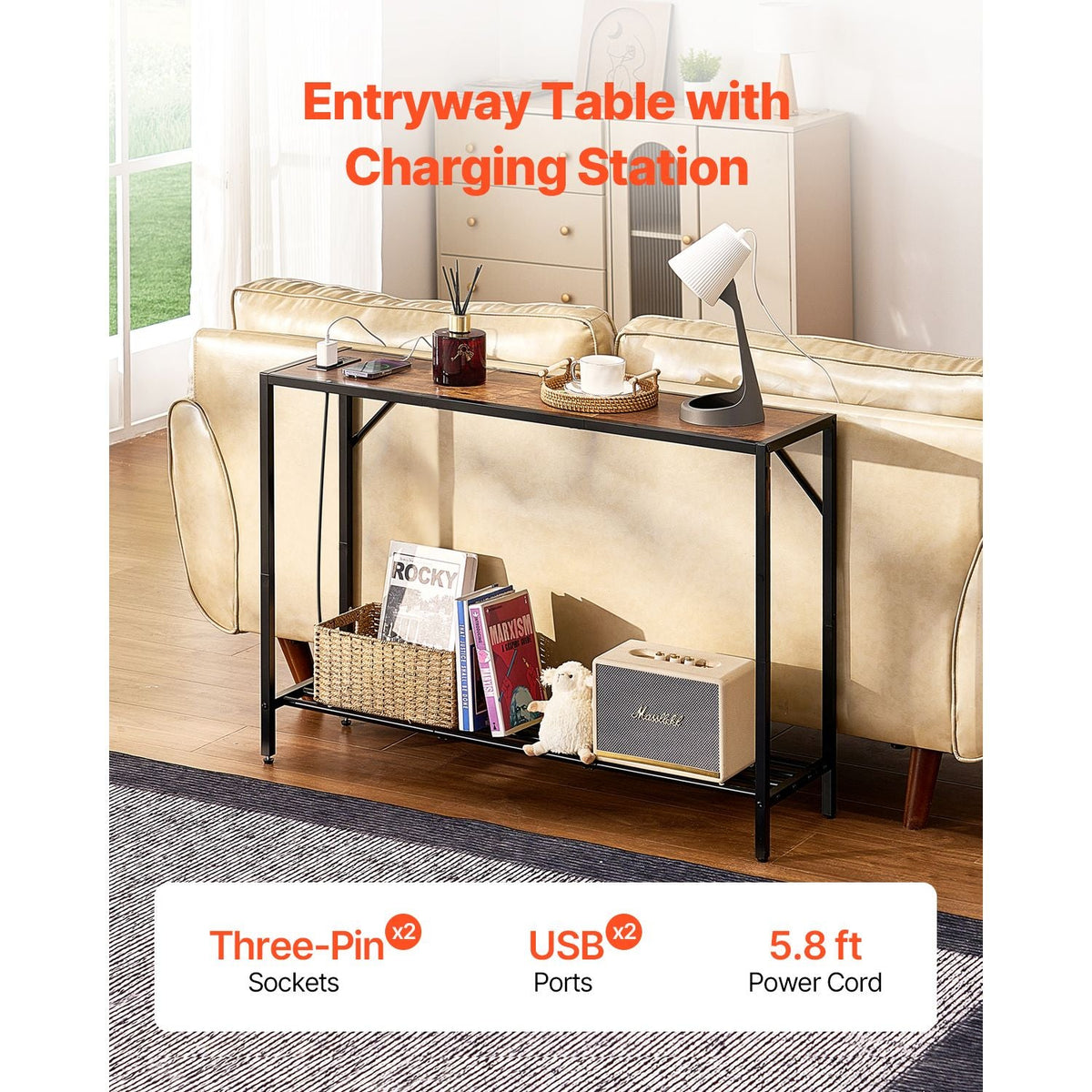 Narrow Console Table, 41.7" Behind Couch Table with Power Outlets, 2-Tier Long Entryway Table, Sofa Table with Metal Frame and Charge Station, for Entryway, Hallway, Living Room