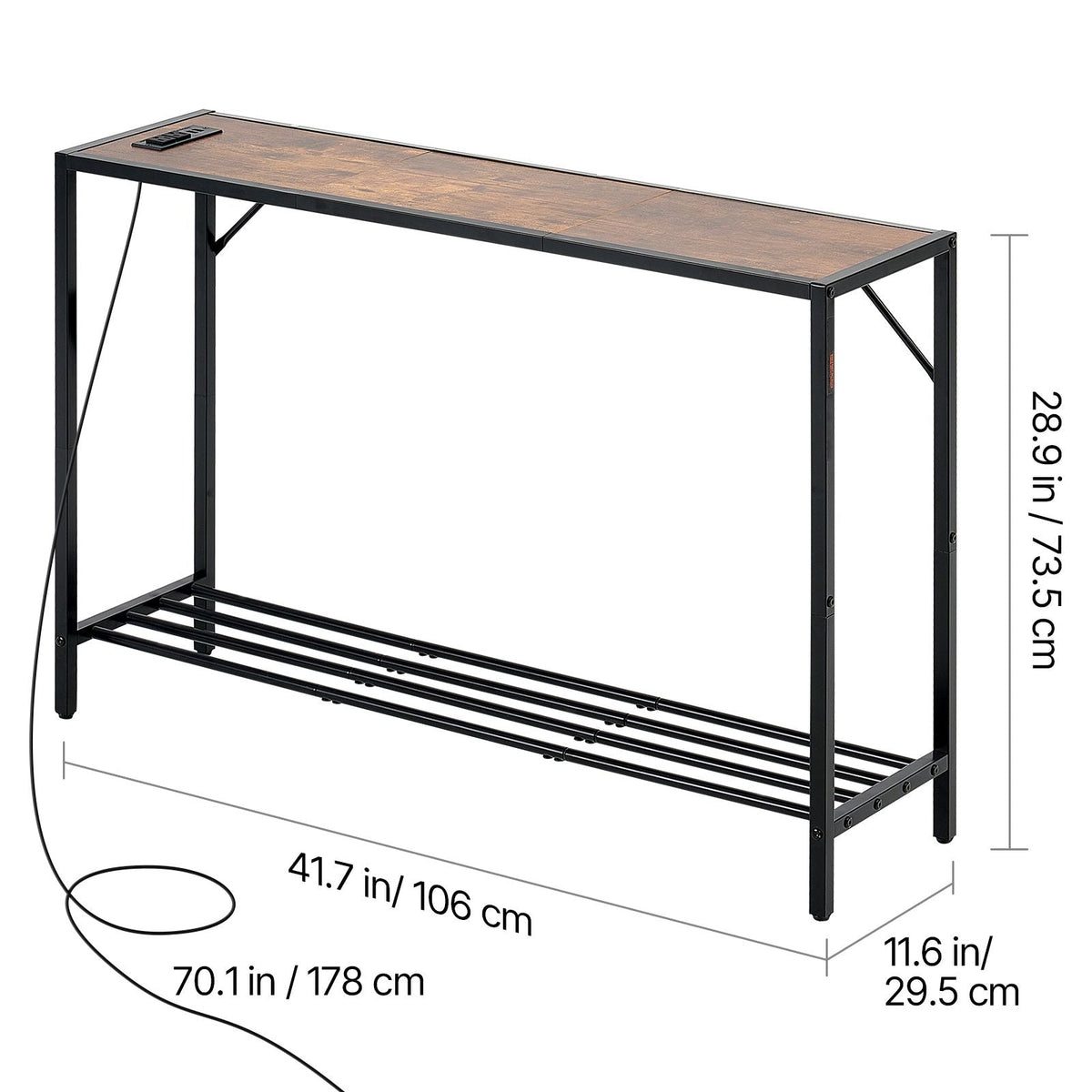 Narrow Console Table, 41.7" Behind Couch Table with Power Outlets, 2-Tier Long Entryway Table, Sofa Table with Metal Frame and Charge Station, for Entryway, Hallway, Living Room