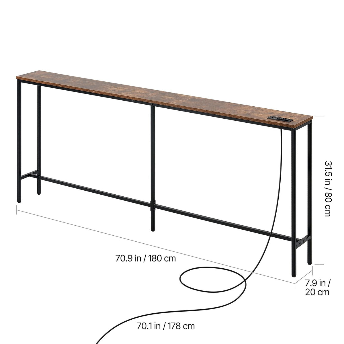 Narrow Console Table, 70.9" Behind Couch Table with Power Outlets, 1-Tier Long Entryway Table, Narrow Sofa Table with Metal Frame and Charge Station, for Entryway, Hallway, Living Room