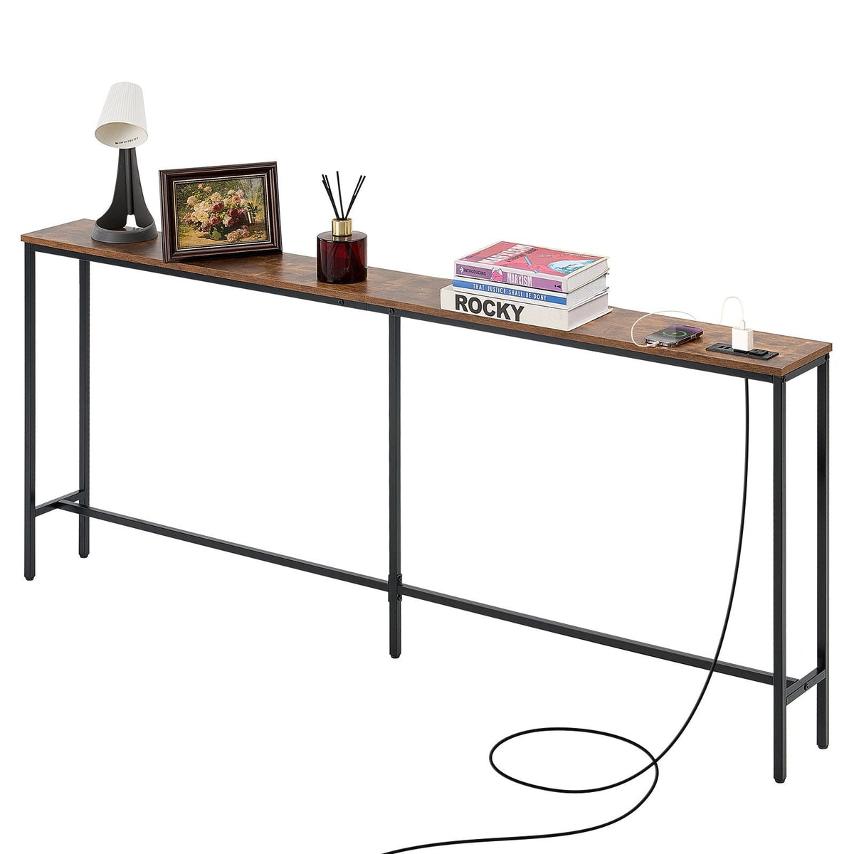 Narrow Console Table, 70.9" Behind Couch Table with Power Outlets, 1-Tier Long Entryway Table, Narrow Sofa Table with Metal Frame and Charge Station, for Entryway, Hallway, Living Room
