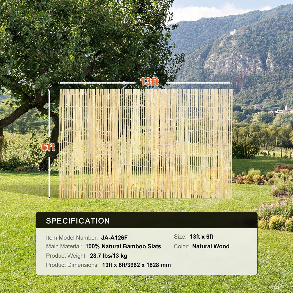 Natural Bamboo Privacy Fence Screen, Eco-Friendly Privacy Bamboo Slat Fence, 6 ft H x 16 ft L Decorative Bamboo Screen Panel, for Garden, Backyard, Balcony, Patio, Pool Side