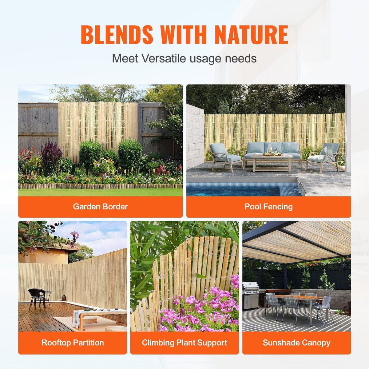 Natural Bamboo Privacy Fence Screen, Eco-Friendly Privacy Bamboo Slat Fence, 6 ft H x 16 ft L Decorative Bamboo Screen Panel, for Garden, Backyard, Balcony, Patio, Pool Side