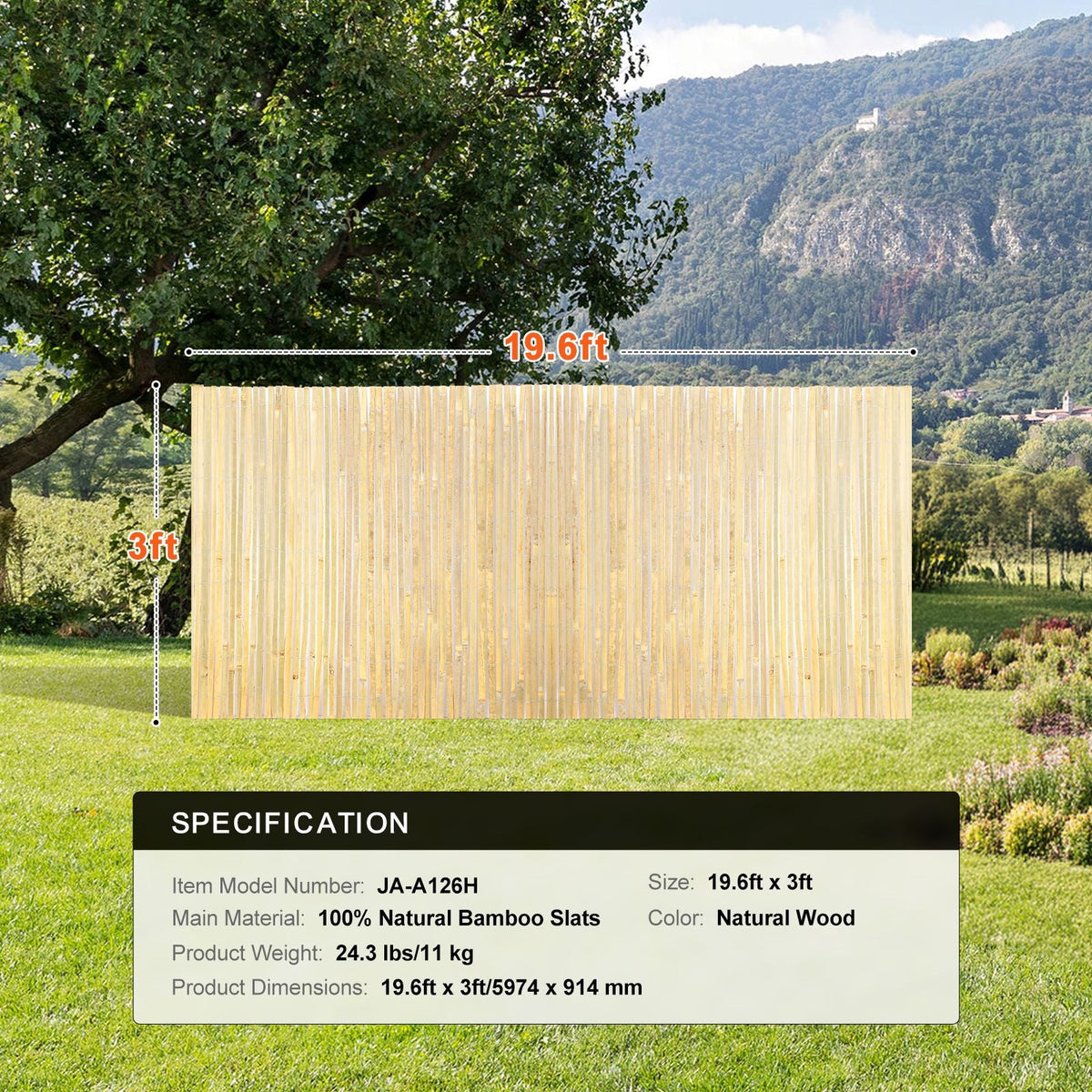 Natural Bamboo Slat Screening, Eco-Friendly Privacy Bamboo Slat Fence, 3 ft H x 19.6 ft L Decorative Bamboo Screen Panel, for Garden, Backyard, Balcony, Patio, Pool Side