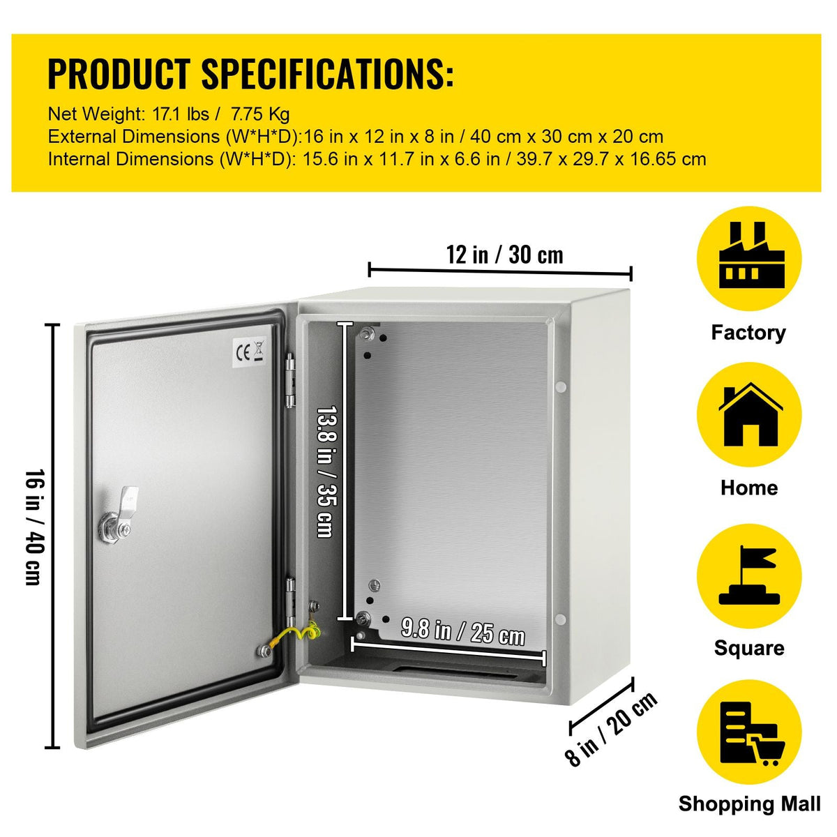 NEMA Steel Case, Dimensions 16x12x8 inches, NEMA 4X Steel Electric Enclosure, IP66 Rated for Water and Dust Resistance, Suitable for Both Outdoor and Indoor Use, Includes Mounting Plate