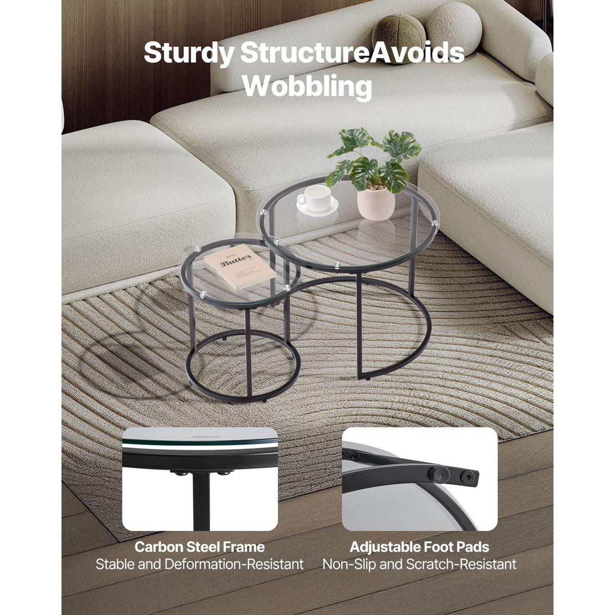 Nesting Coffee Table Set of 2, 23.6 in Round Coffee Table, Glass Nesting Tables for Small Place, Modern End Side Tables Night Stand with Metal Frame, for Living Room, Bedroom, Balcony, Office