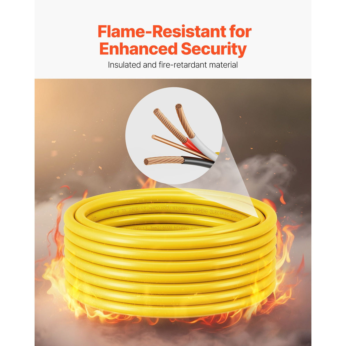 NM-B Wire, 6AWG/3C Non-Mettalic Residential Indoor Electrical Wire with Ground, PVC Sheathed High-Purity Copper Core Cable, for Outlets, Switches, Other Loads & Lighting Wiring Projects(50 ft)