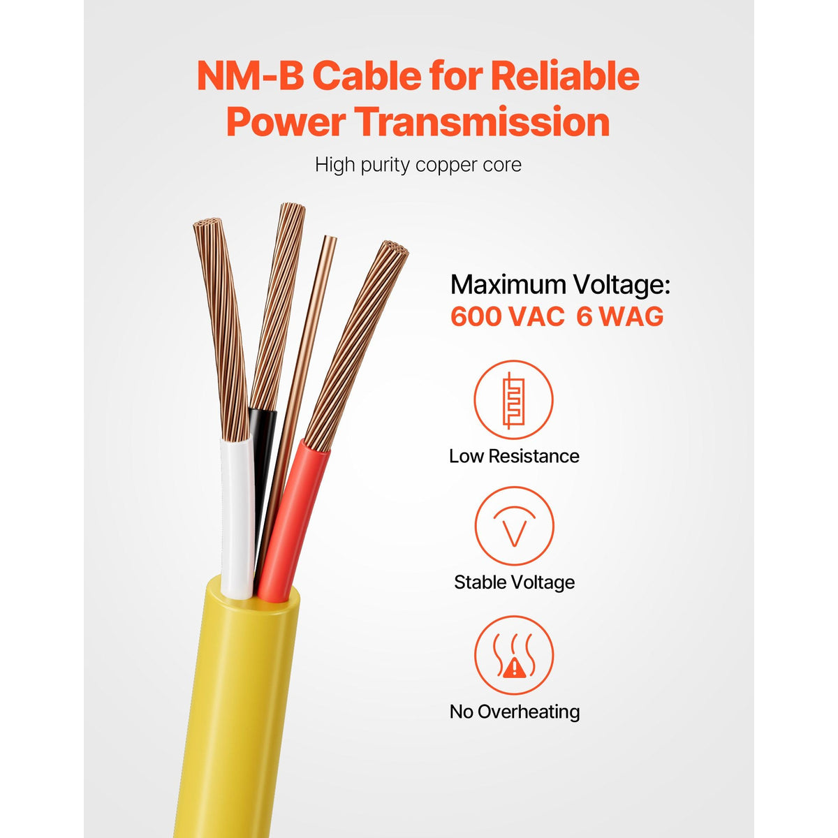 NM-B Wire, 6AWG/3C Non-Mettalic Residential Indoor Electrical Wire with Ground, PVC Sheathed High-Purity Copper Core Cable, for Outlets, Switches, Other Loads & Lighting Wiring Projects(50 ft)