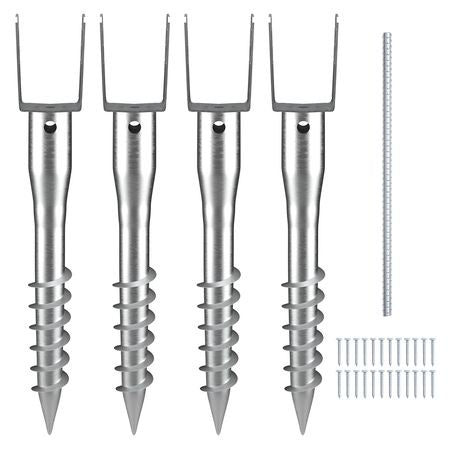 No Dig Ground Anchor, 4 Pack 3.94 x 2.76 x 27.56 in DIY Screw in Post Stake, Includes 6 Lag Bolts & a Rebar, U-Shape Heavy Duty Steel Post Holder, Great for Mailbox Posts and Fence Posts