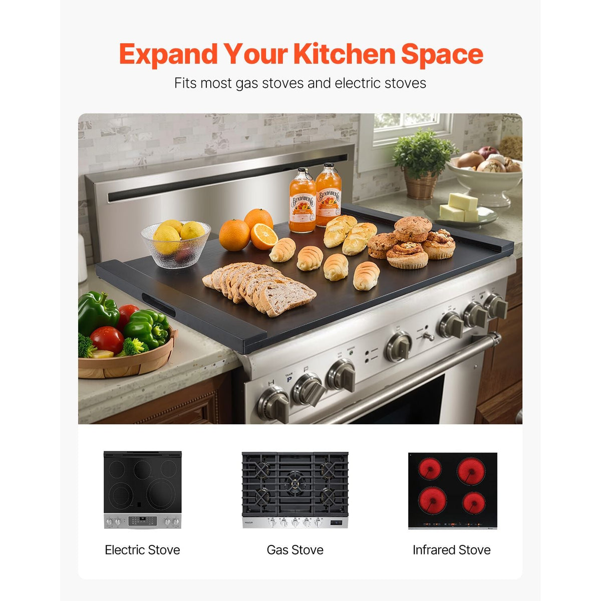 Noodle Board Stove Cover, Stove Top Covers for Gas Burners & Electric Stove, Pine Wood Cutting Board with Built-in Handles, RV Stovetop Cover/ Kitchen Sink Cover for Counter Space & Tray, Black
