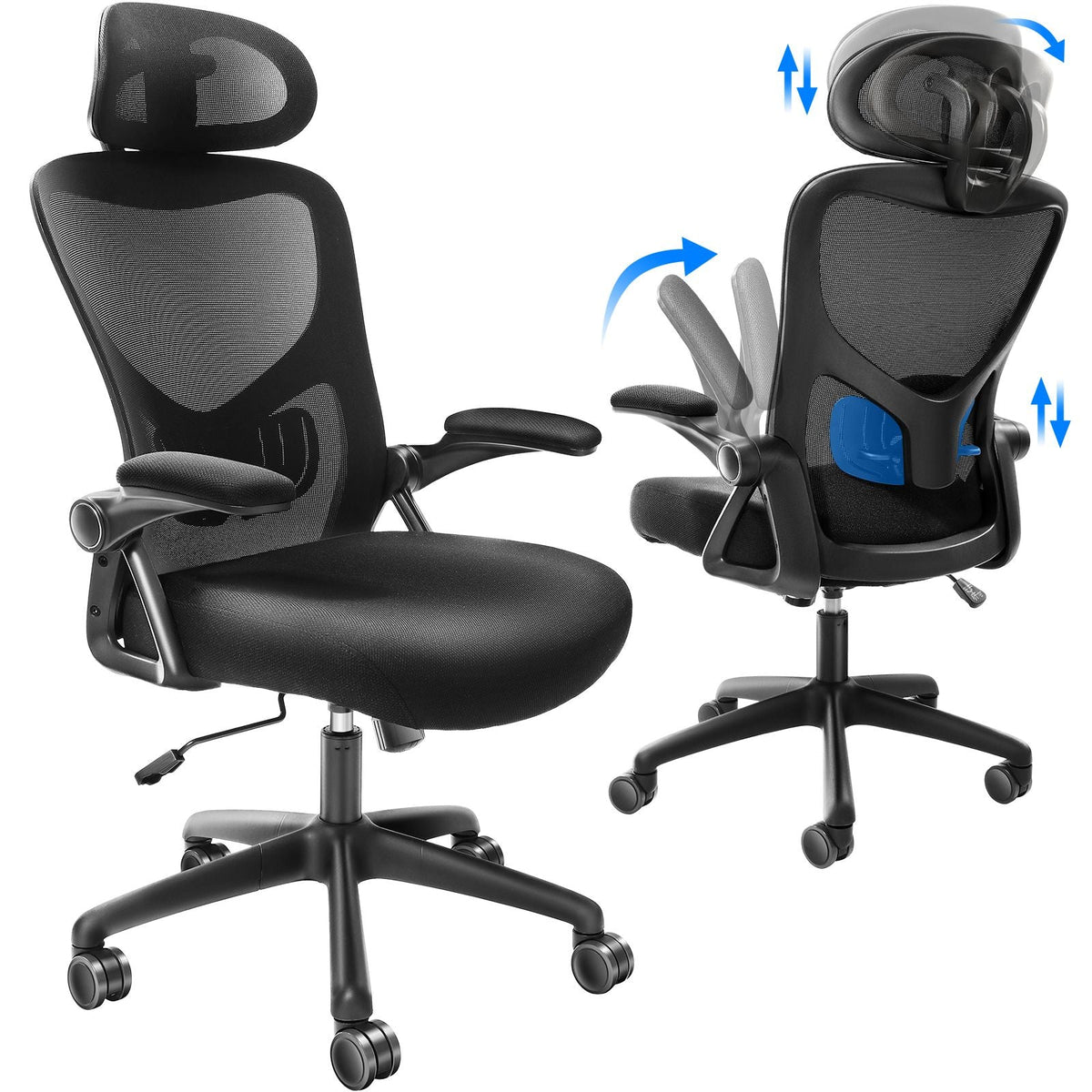 Office Chair with Adjustable Lumbar Support, High Back Ergonomic Desk Chair with Adjustable Headrest, Ergonomic Office Chair Backrest with 2D Armrest, Computer Chair for Home, Office
