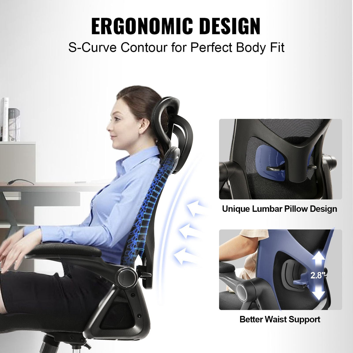 Office Chair with Adjustable Lumbar Support, High Back Ergonomic Desk Chair with Adjustable Headrest, Ergonomic Office Chair Backrest with 2D Armrest, Computer Chair for Home, Office