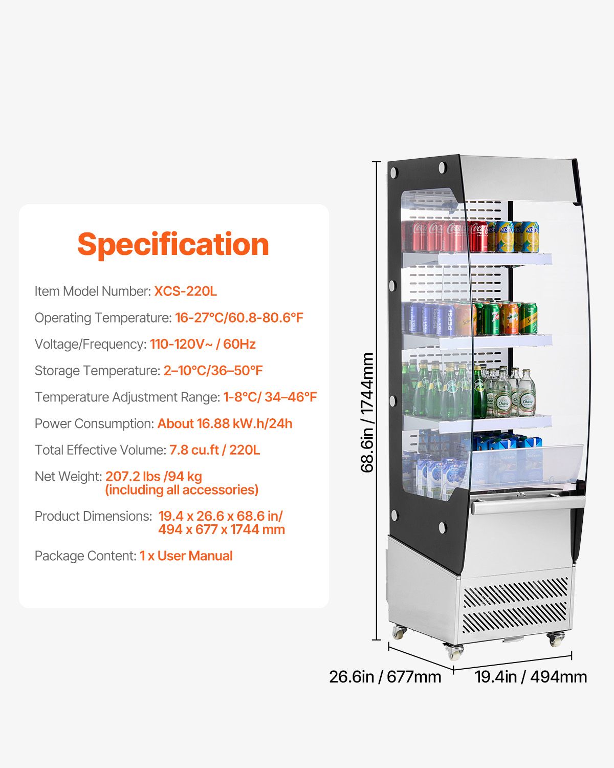 Open Air Merchandiser, 3-Tier Shelving Commercial Refrigerator, Grab and Go Display Cooler Refrigerator with Air Curtain, 4 Swivel Wheels, LED Light, for Restaurants, Stores, Office, 7.8cu.ft.