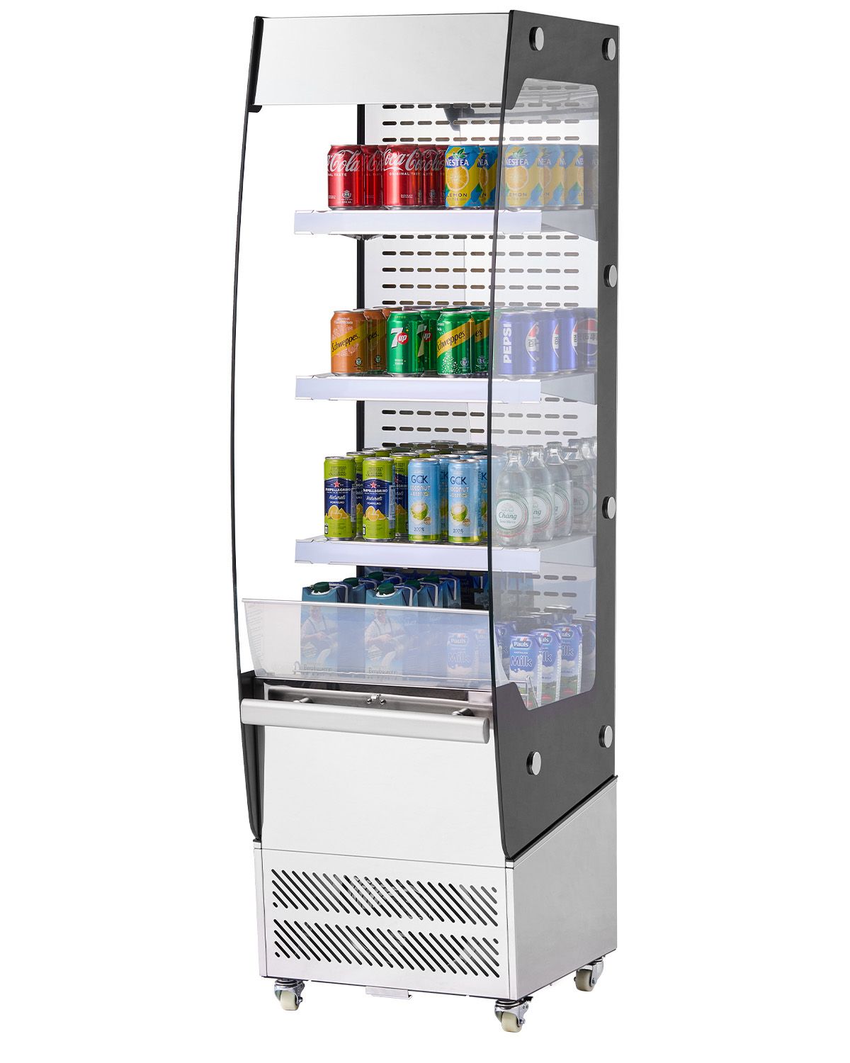 Open Air Merchandiser, 3-Tier Shelving Commercial Refrigerator, Grab and Go Display Cooler Refrigerator with Air Curtain, 4 Swivel Wheels, LED Light, for Restaurants, Stores, Office, 7.8cu.ft.