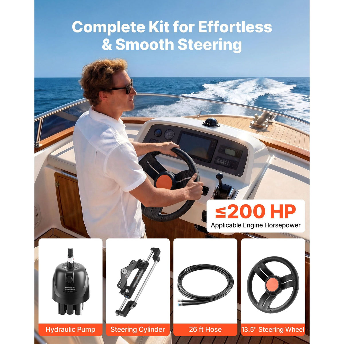 Outboard Hydraulic Steering Kit, 200 HP, Marine Boat Hydraulic Steering System with 6.9 MPa Two-Way Lock Helm Pump, Cylinder, 2 PCS 26 ft Hoses, 13.5" Wheel for Single Station, Single-Engine Use