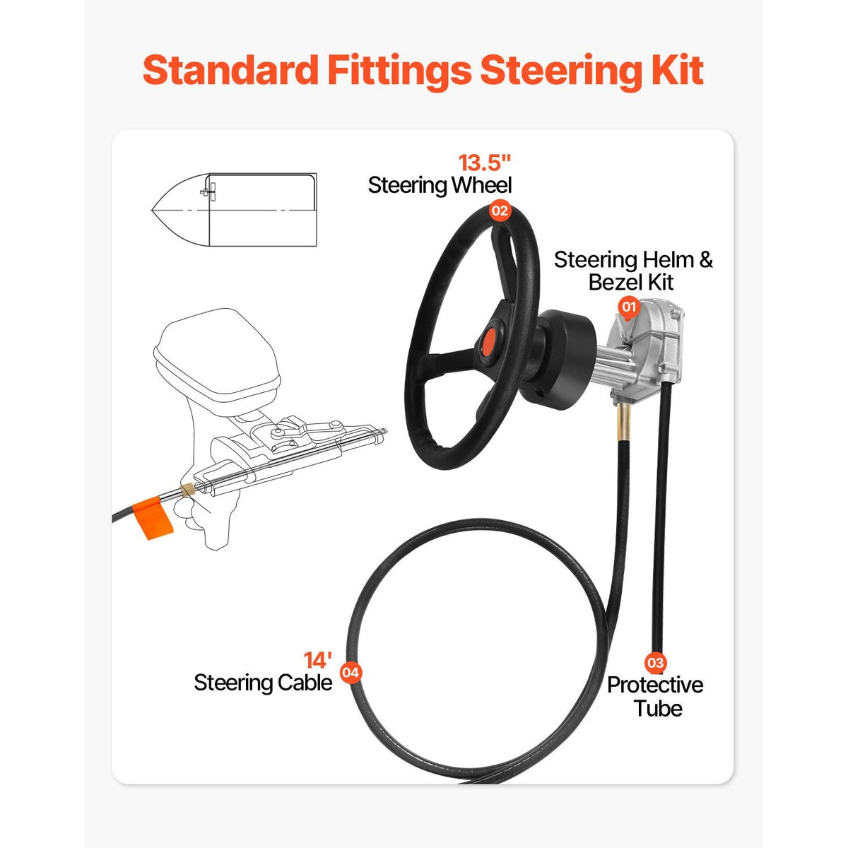 Outboard Steering System 14\' Outboard Steering Kit 14 Feet Boat Steering Cable with 13\" Wheel Durable Marine