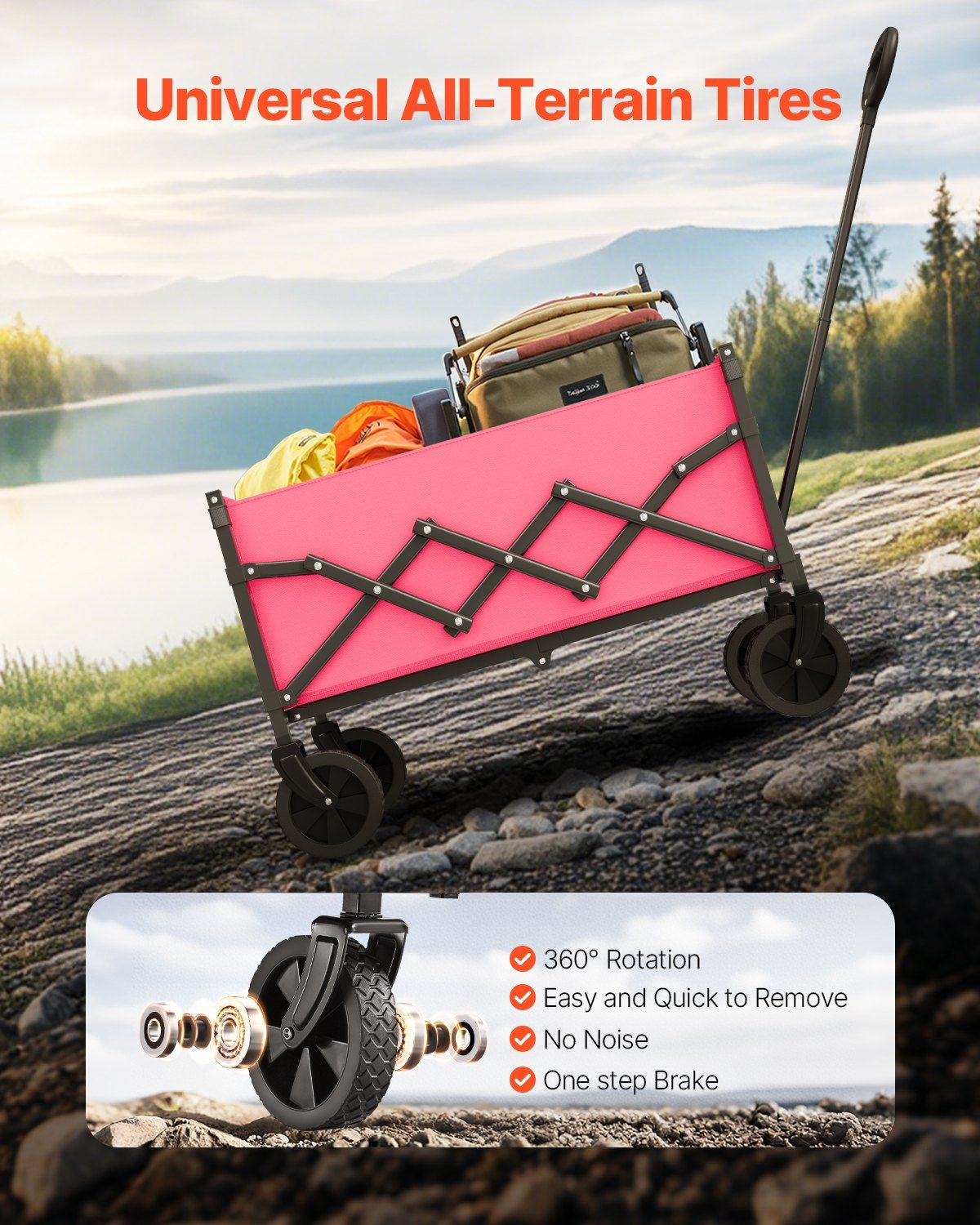 Outdoor Collapsible Wagon Carts 120L& 225LBS Heavy Duty Folding Garden Cart Pink
