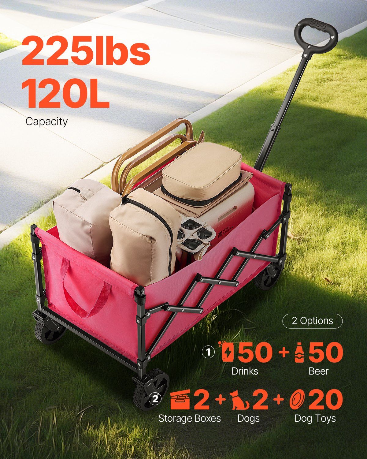 Outdoor Collapsible Wagon Carts 120L& 225LBS Heavy Duty Folding Garden Cart Pink