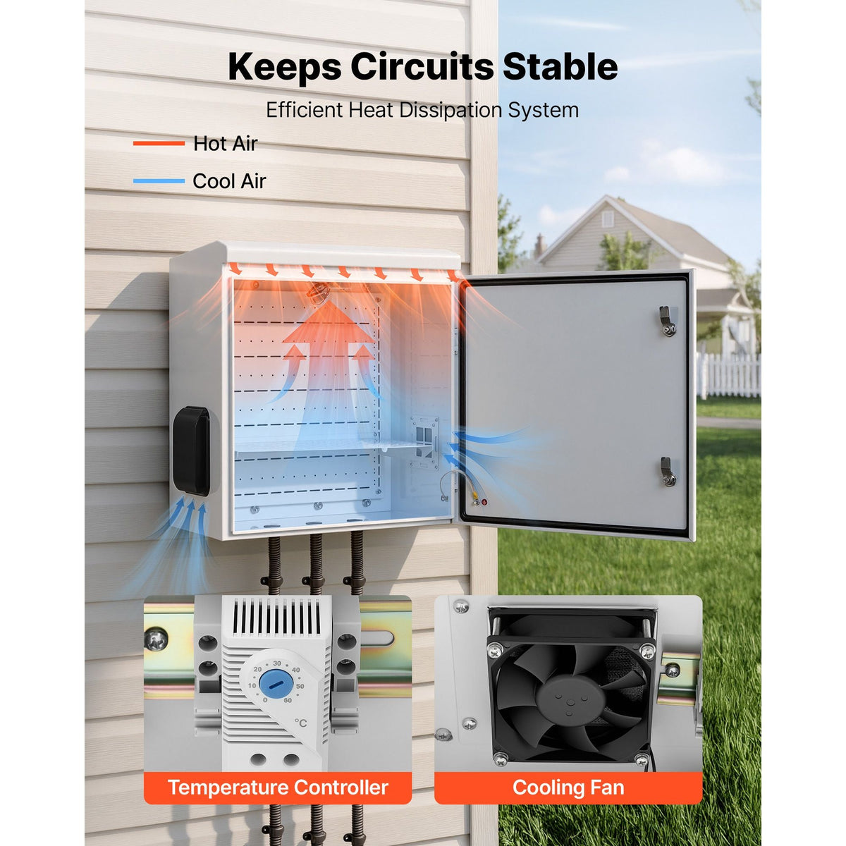 Outdoor Electrical Box, Cold-Rolled Steel, Electrical Junction Box with Thermostat and Fan, Rain Hood, Ventilated Design, IP65 Waterproof Hinged Enclosure, Wall/Pole Mounted, 24 x 24 x 12 in