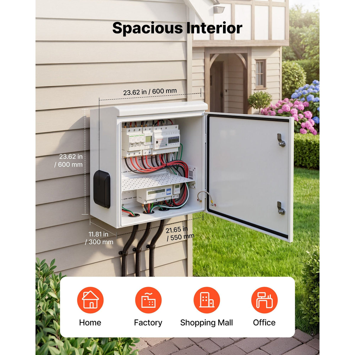 Outdoor Electrical Box, Cold-Rolled Steel, Electrical Junction Box with Thermostat and Fan, Rain Hood, Ventilated Design, IP65 Waterproof Hinged Enclosure, Wall/Pole Mounted, 24 x 24 x 12 in