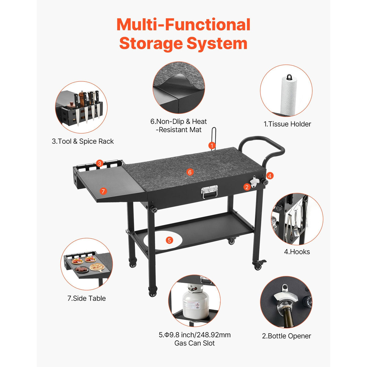 Outdoor Grill Cart, 31.0 x 17.0 inch Tabletop Size Grilling Table, Foldable Outdoor Cooking Table with Tissue Holder, Hooks, Wheels, Side Table, BBQ Prep Tables for Picnic, Kitchen, Courtyard