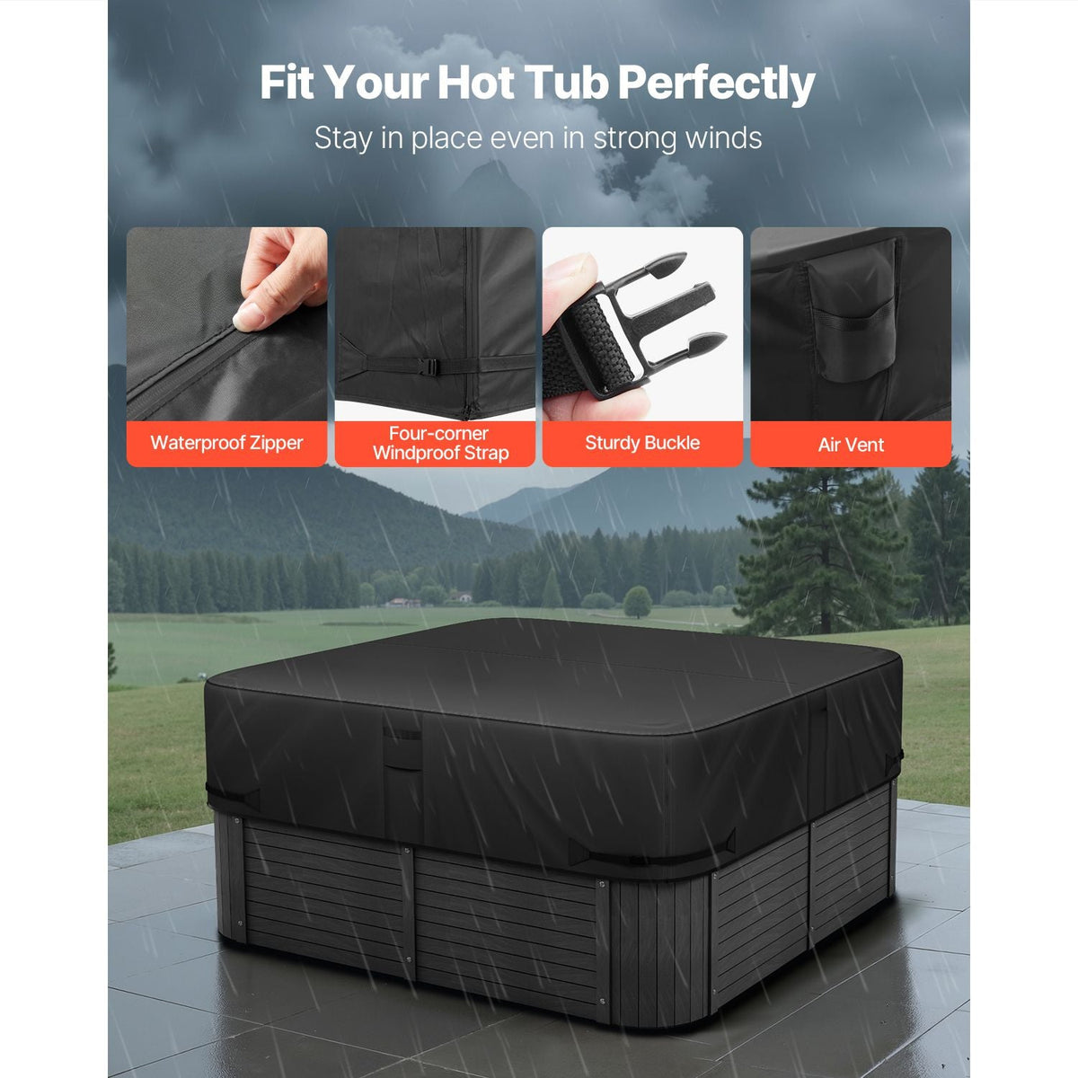 Outdoor Hot Tub Cover, 80 x 80 x 20 Inch Weatherproof and Waterproof Hot Tub Cover Protector, 600D Heavy Duty Oxford Fabric and 950N Tearing Strength, Square Spa Covers for Hottub, Black