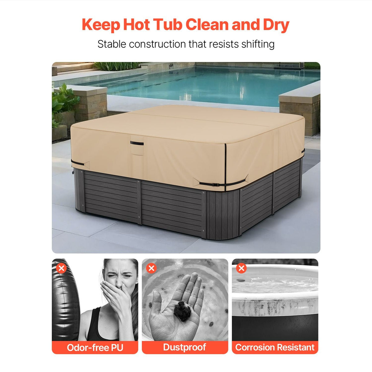 Outdoor Hot Tub Cover, 85 x 85 x 20 Inch Weatherproof and Waterproof Hot Tub Cover Protector, 600D Heavy Duty Oxford Fabric and 950N Tearing Strength, Square Spa Covers for Hottub, Brown