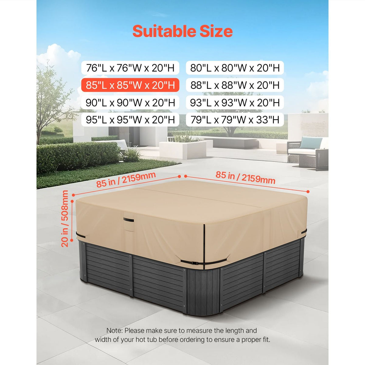 Outdoor Hot Tub Cover, 85 x 85 x 20 Inch Weatherproof and Waterproof Hot Tub Cover Protector, 600D Heavy Duty Oxford Fabric and 950N Tearing Strength, Square Spa Covers for Hottub, Brown