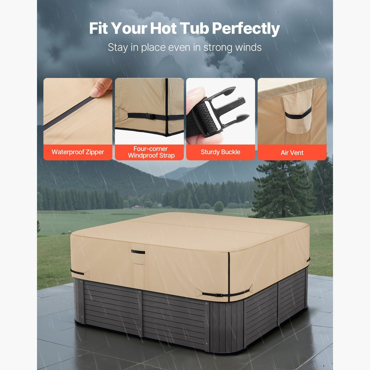 Outdoor Hot Tub Cover, 85 x 85 x 20 Inch Weatherproof and Waterproof Hot Tub Cover Protector, 600D Heavy Duty Oxford Fabric and 950N Tearing Strength, Square Spa Covers for Hottub, Brown
