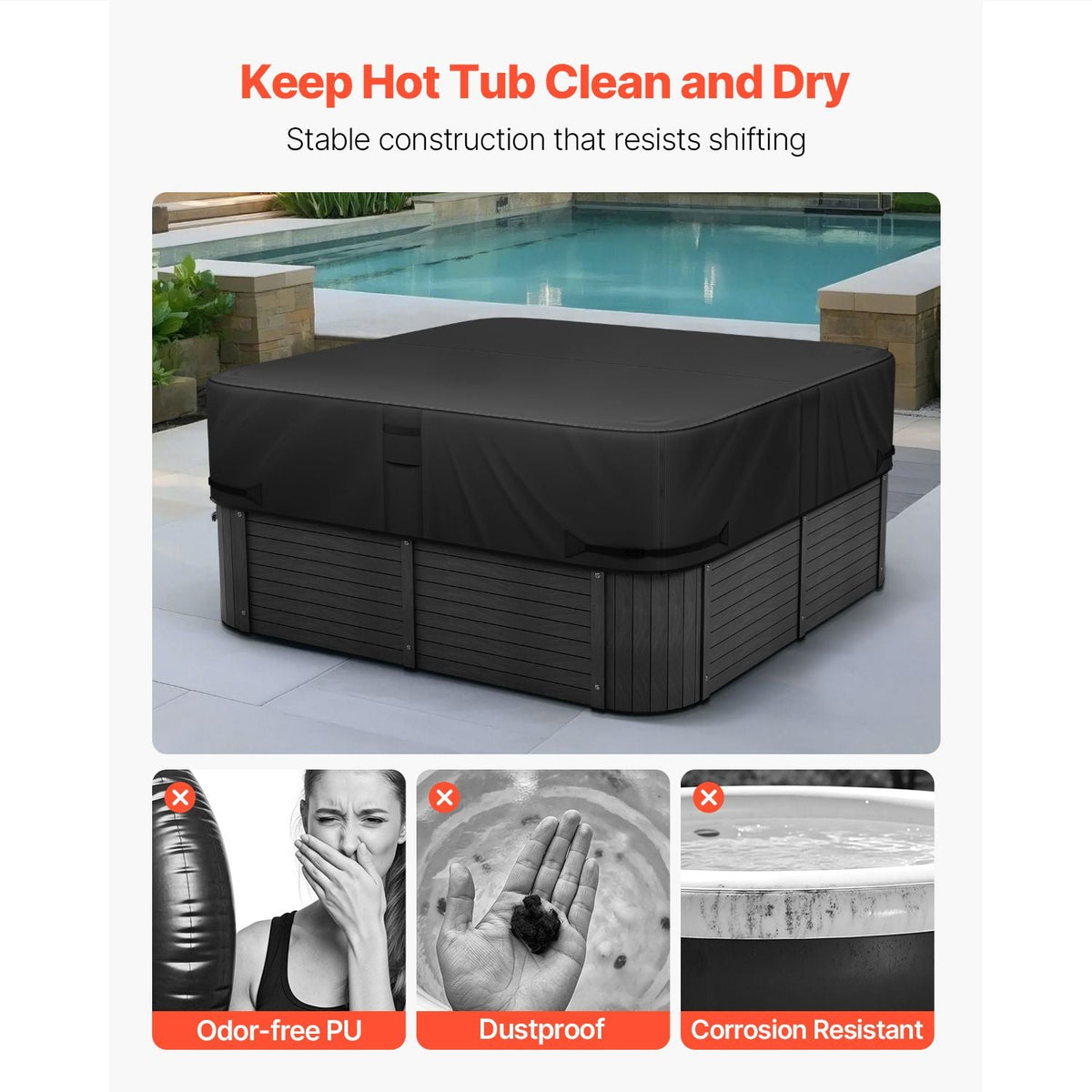 Outdoor Hot Tub Cover, 93 x 93 x 20 Inch Weatherproof and Waterproof Hot Tub Cover Protector, 600D Heavy Duty Oxford Fabric and 950N Tearing Strength, Square Spa Covers for Hottub, Black