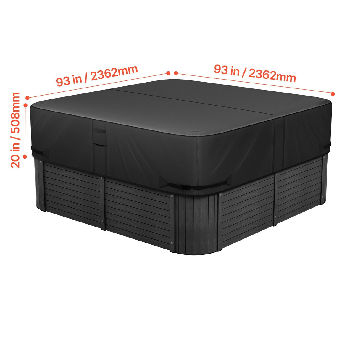 Outdoor Hot Tub Cover, 93 x 93 x 20 Inch Weatherproof and Waterproof Hot Tub Cover Protector, 600D Heavy Duty Oxford Fabric and 950N Tearing Strength, Square Spa Covers for Hottub, Black