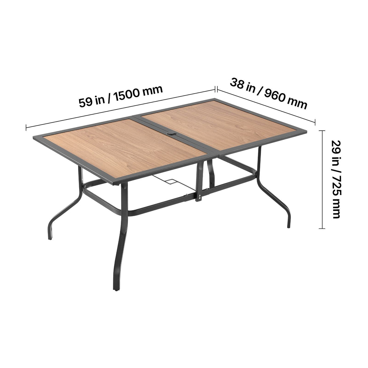 Outdoor Patio Dining Table, 59 inch Long Rectangular Wood-Like Steel Slat Backyard Bistro Tables for 4-6, with 1.5 in Umbrella Hole, All-Weather Large Furniture for Lawn Garden Porch, Brown