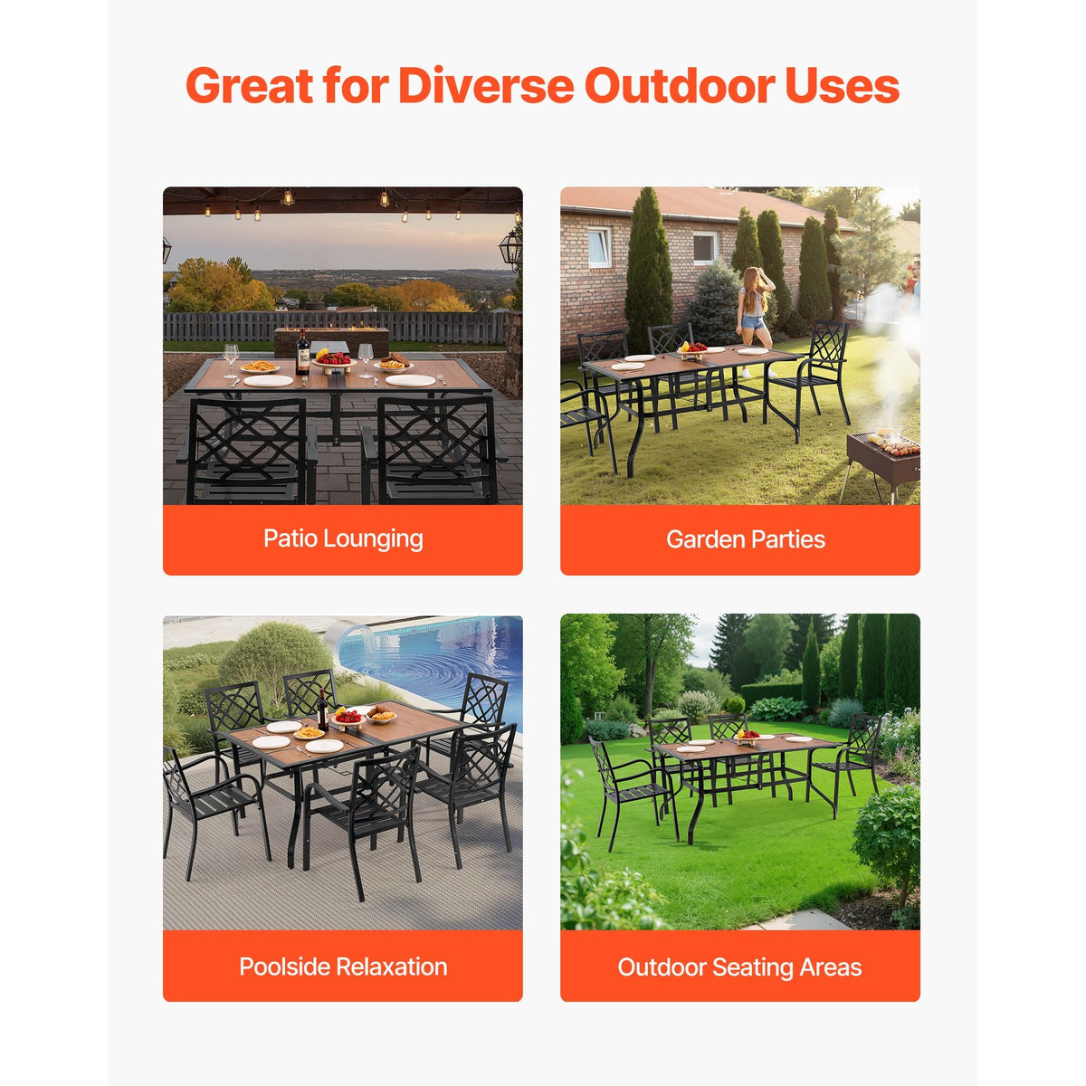 Outdoor Patio Dining Table, 59 inch Long Rectangular Wood-Like Steel Slat Backyard Bistro Tables for 4-6, with 1.5 in Umbrella Hole, All-Weather Large Furniture for Lawn Garden Porch, Brown