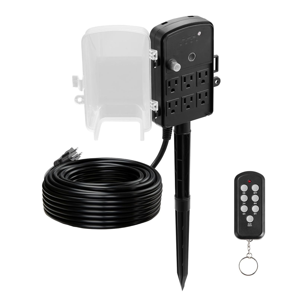 Outdoor Power Stake, 100FT Extension Cord, Outdoor Power Strip Weatherproof with Cover, Remote Control Dusk to Dawn Light Timer Waterproof, 6 Outlets, 1625W/13A, for Christmas Lights, Garden