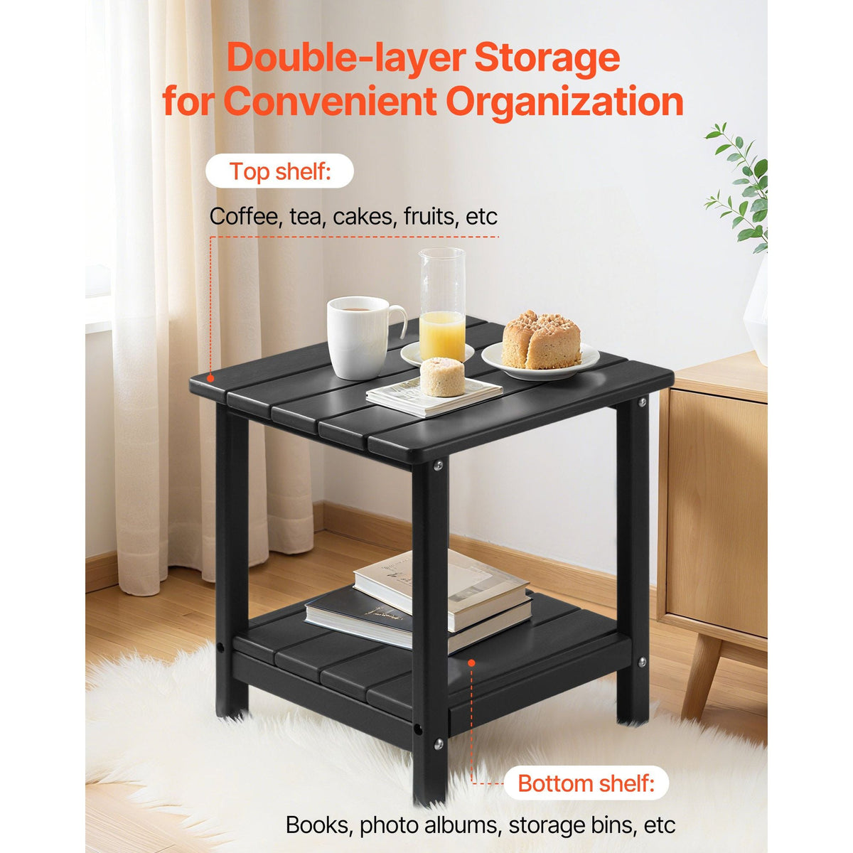 Outdoor Side Table, 17.72W x 14.96D x 17.32H Inch, Double Layer HDPE Outside End Table for Easy Maintenance, Withstand Harsh Weather, Fit for Patio, Pool, Beach, Porch, Indoor, Backyard, Black