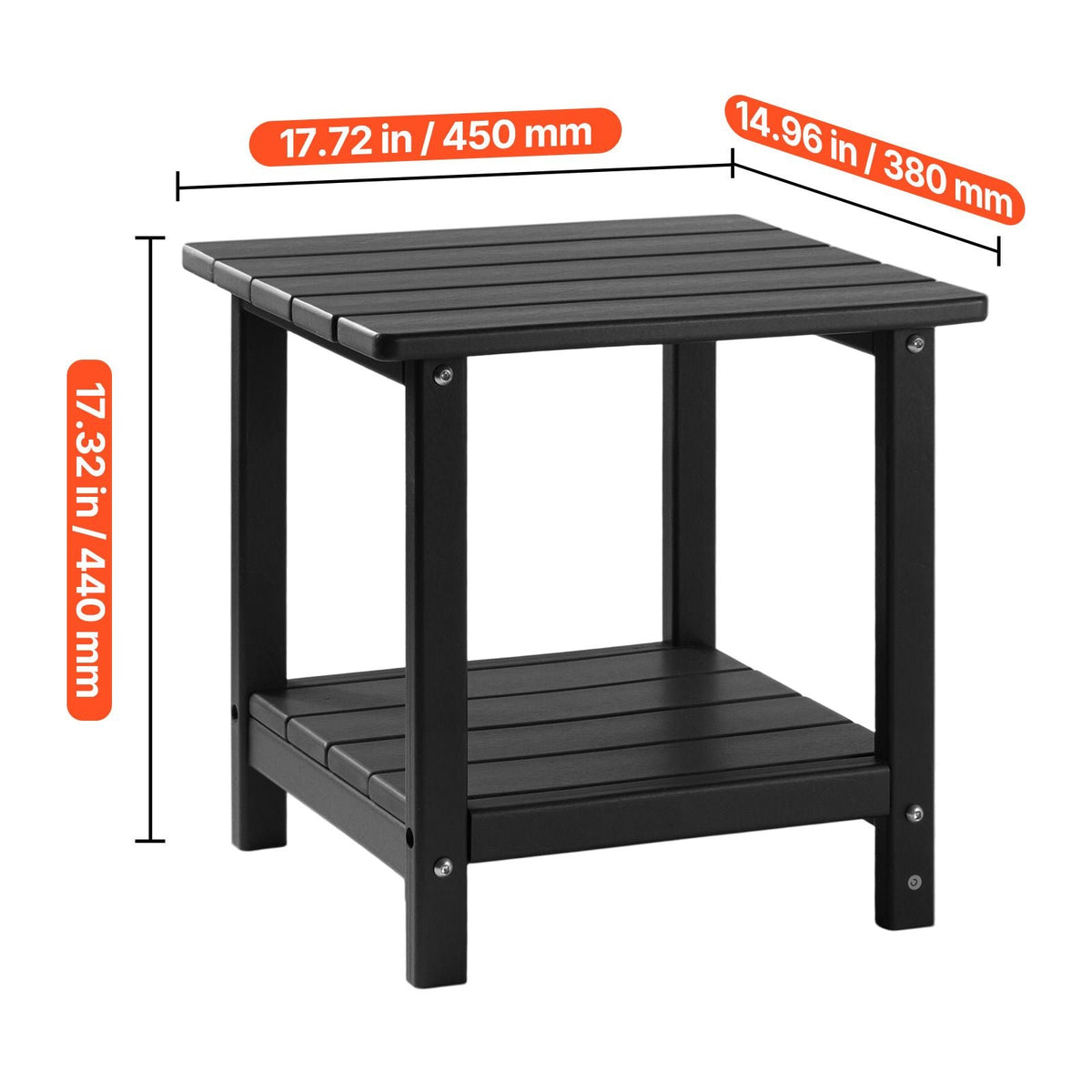 Outdoor Side Table, 17.72W x 14.96D x 17.32H Inch, Double Layer HDPE Outside End Table for Easy Maintenance, Withstand Harsh Weather, Fit for Patio, Pool, Beach, Porch, Indoor, Backyard, Black
