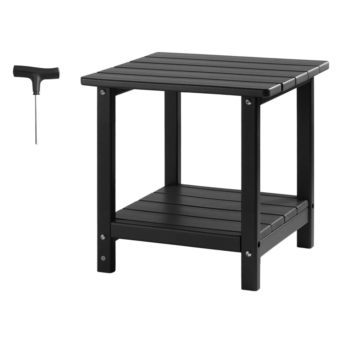 Outdoor Side Table, 17.72W x 14.96D x 17.32H Inch, Double Layer HDPE Outside End Table for Easy Maintenance, Withstand Harsh Weather, Fit for Patio, Pool, Beach, Porch, Indoor, Backyard, Black
