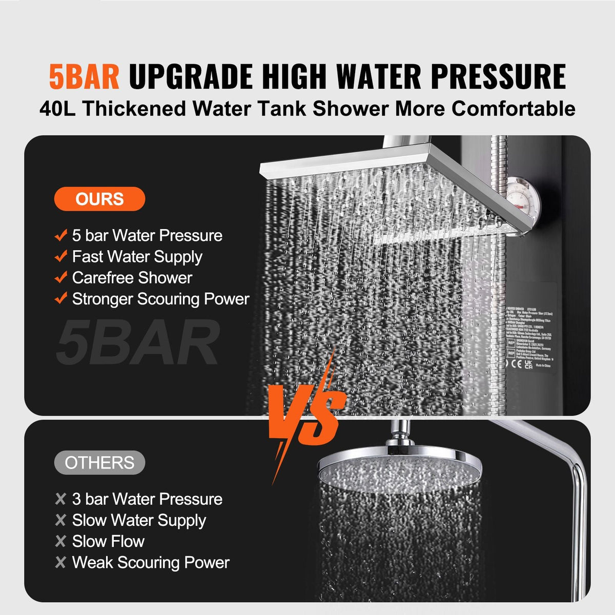 Outdoor Solar Heated Shower, 10.57 Gallon Poolside Shower Kit with 2 Shower Head and Foot Shower Tap, Handheld/Hanging Two Modes Fast Assembly for Outdoor Backyard Poolside Beach Spa