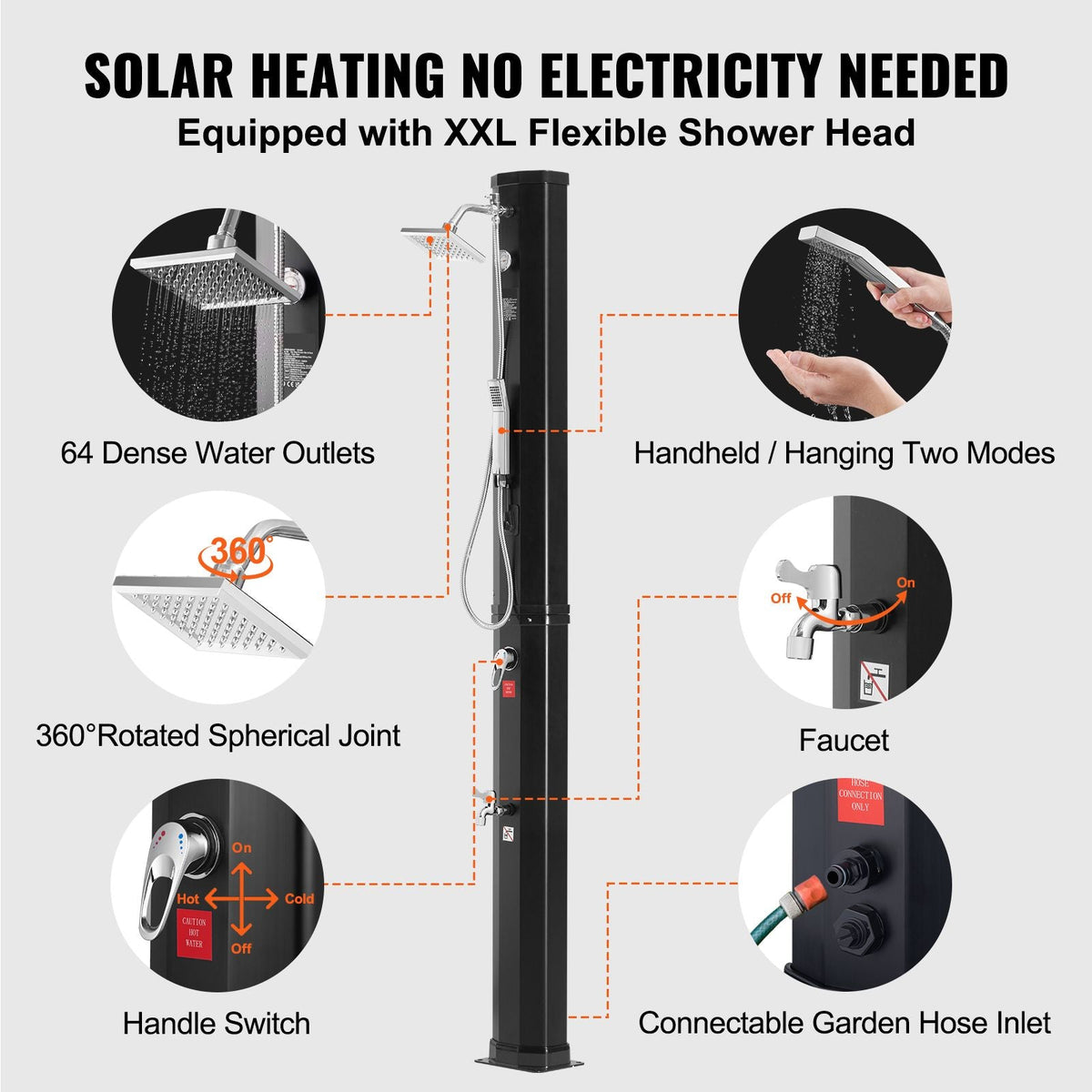 Outdoor Solar Heated Shower, 10.57 Gallon Poolside Shower Kit with 2 Shower Head and Foot Shower Tap, Handheld/Hanging Two Modes Fast Assembly for Outdoor Backyard Poolside Beach Spa