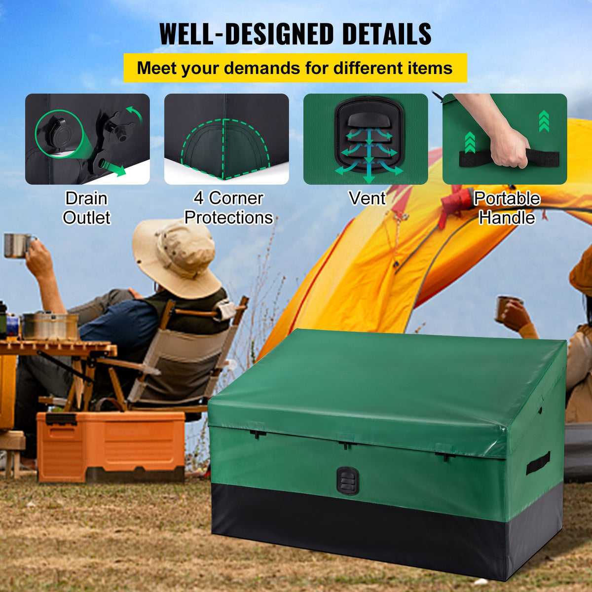 Outdoor Storage Box, 100 Gallon Waterproof PE Tarpaulin Deck Box with Galvanized Frame, All-Weather Protection & Portable, for Camping, Garden, Poolside, and Yard, Brown & Blue