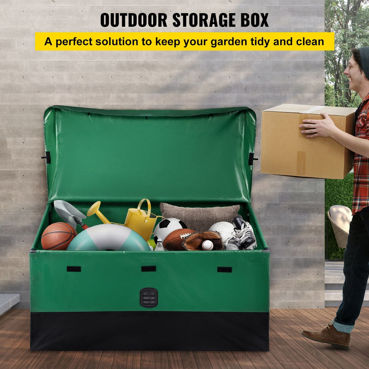 Outdoor Storage Box, 100 Gallon Waterproof PE Tarpaulin Deck Box with Galvanized Frame, All-Weather Protection & Portable, for Camping, Garden, Poolside, and Yard, Brown & Blue