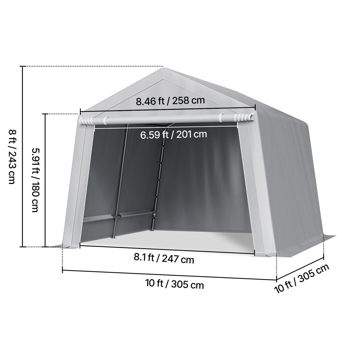 Outdoor Storage Shed, 10 x 10 ft Portable Storage Tent with Roll-up Door, Waterproof Canopy Shed Shelter, Heavy Duty Frame, Patio Garage Carport for Motorcycle, Lawn Mower, Bike, Grey