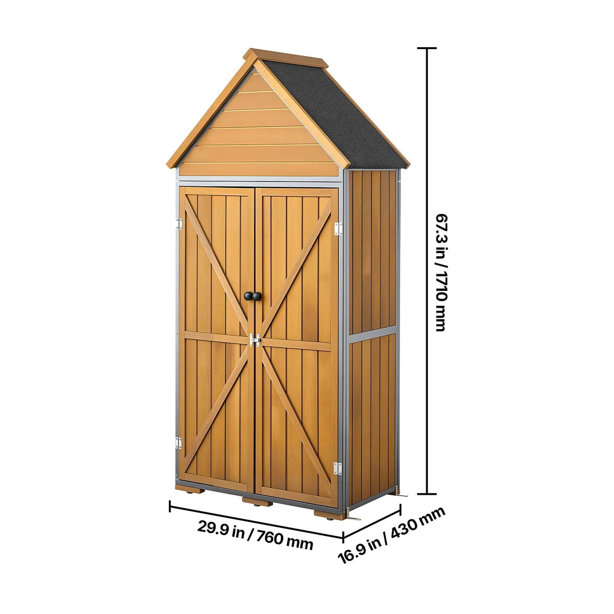 Outdoor Storage Shed, 44.09" x 66.93" Wood & Metal Garden Tool Shed with Lockable Doors & Sloped Roof, Waterproof Outside Storage Cabinet with Shelves & Floor for Backyard Patio Lawn, Brown