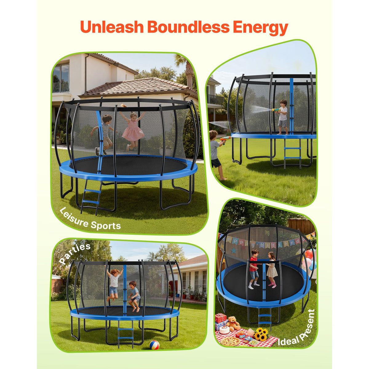 Outdoor Trampoline, 15FT Recreational Trampoline, ASTM Approved Trampolines with Enclosure Net & Thickened Pad, Max 470 lbs Weight Capacity, Anti-Rust Backyard Trampolines for Kids & Adults
